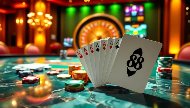 Experience the thrill of lc88 with vibrant casino table action featuring colorful poker chips and roulette excitement.