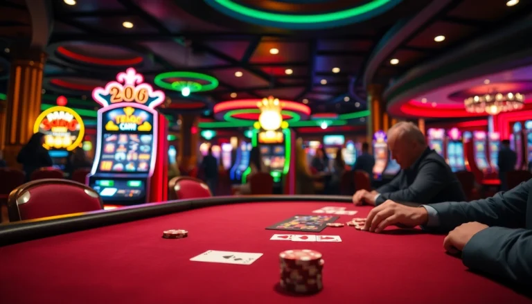 Experience the thrill of betting at new88, a dynamic poker scene with players, chips, and cards.