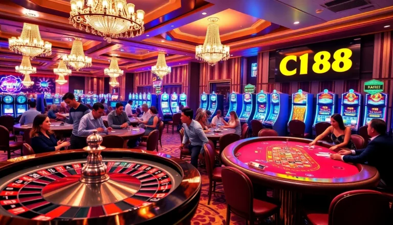 A vibrant casino scene with players surrounding a roulette wheel, showcasing C168 high-stakes excitement.