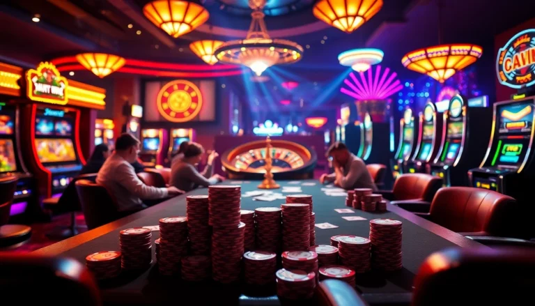 Experience high-stakes poker at https://okadabooks.com/ featuring intense players and vibrant casino lights.