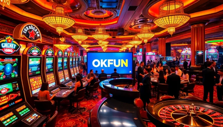 OKFUN casino gaming scene with players at poker tables, vibrant slot machines, and roulette wheels creating an exciting gambling atmosphere.