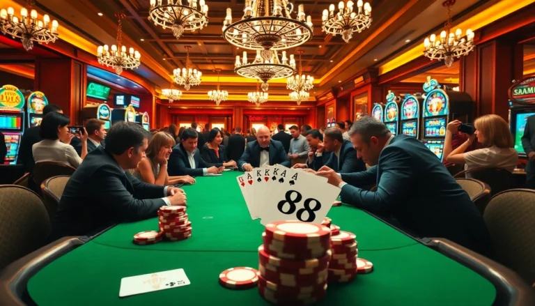 Exciting poker tournament scene featuring the lc88 poker chip with elegant players and vibrant casino ambiance.