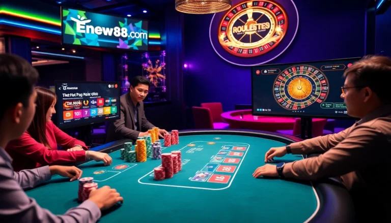 Engaging poker scene showcasing players at a table with stacks of chips and website https://enew88.com/ displayed on screens.