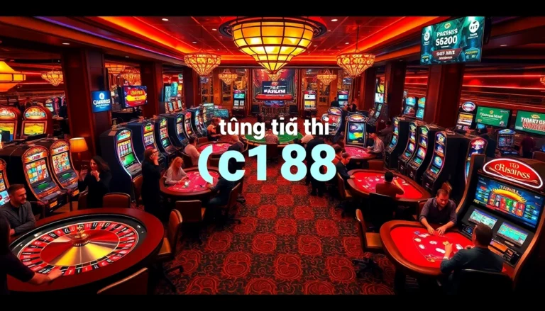The thrilling atmosphere of thể thao C168 featuring casino tables, players strategizing their next moves, and vibrant slot machines.