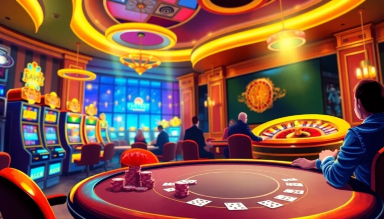 Experience the excitement of F8BET with players at a vibrant poker table, surrounded by slot machines and casino chips.