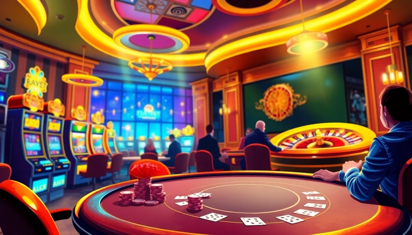 Experience the excitement of F8BET with players at a vibrant poker table, surrounded by slot machines and casino chips.