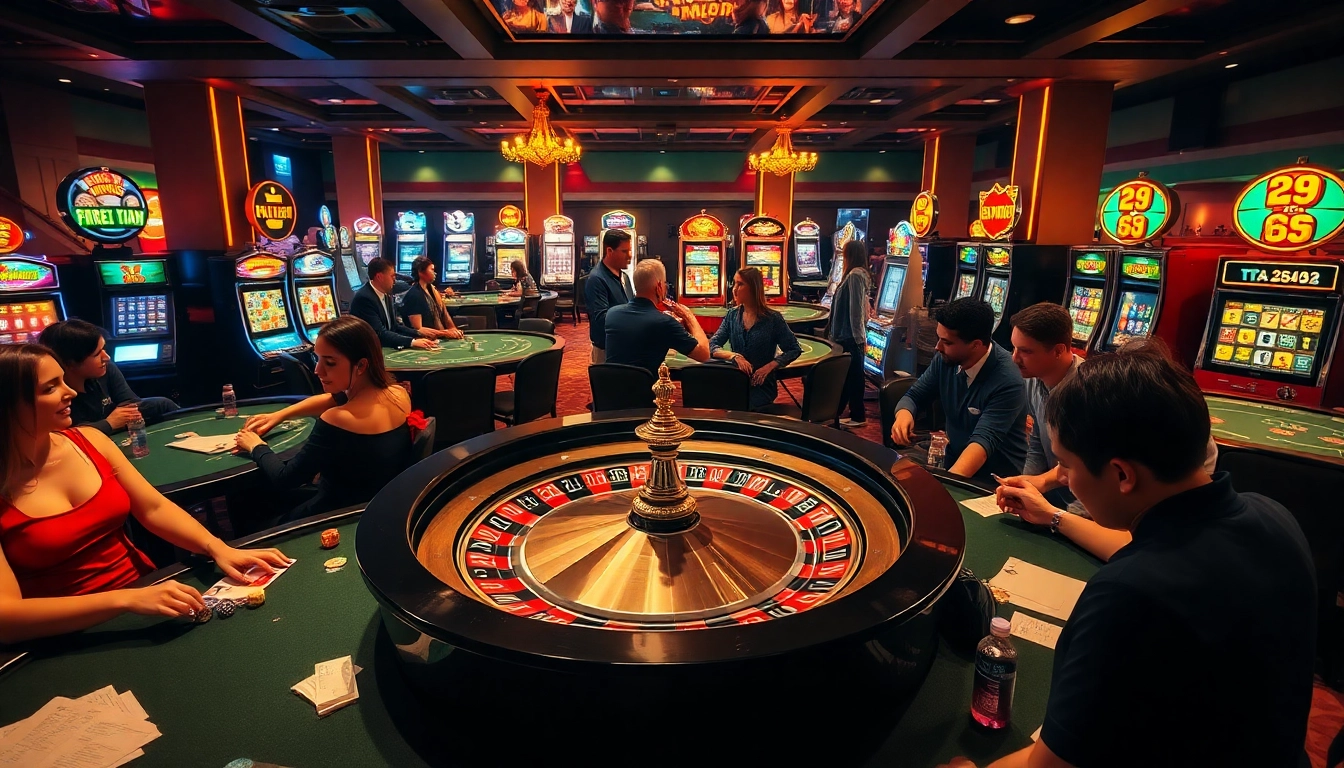 f8bet offers an exhilarating casino experience with players betting at roulette tables and vibrant slot machines in the background.