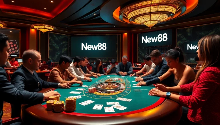 Experience thrilling gameplay at New88’s blackjack table with vibrant chips and intense action in a glamorous casino.