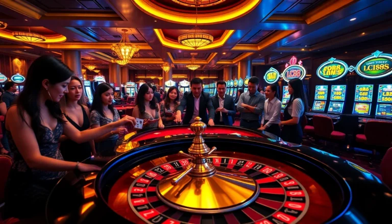 Experience the thrill of the LC88 casino with players at a roulette table and vibrant slot machines in the background.